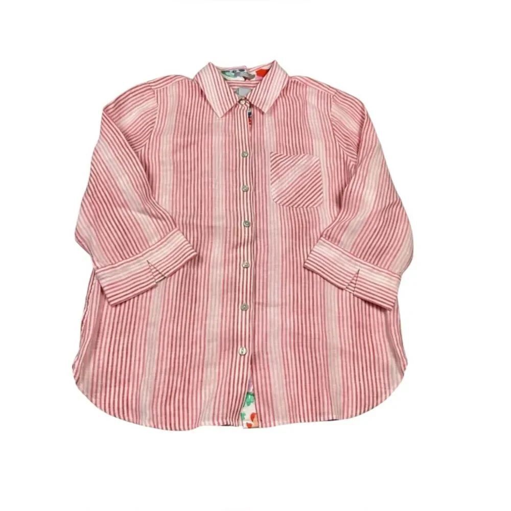 Chicos No Iron Linen Button Down Shirt Striped Coastal Casual 3/4 Sleeve Top 0 S